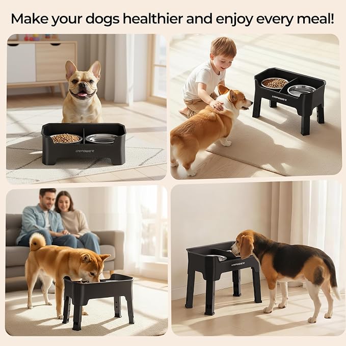 URPOWER Mess Proof Elevated Dog Bowls, High Wall Splash Guard Design, 4 Height Adjustable Raised Bowl Stand, 2 Stainless Steel Bowls, Non-Slip Food Water Set for Small, Medium Dogs