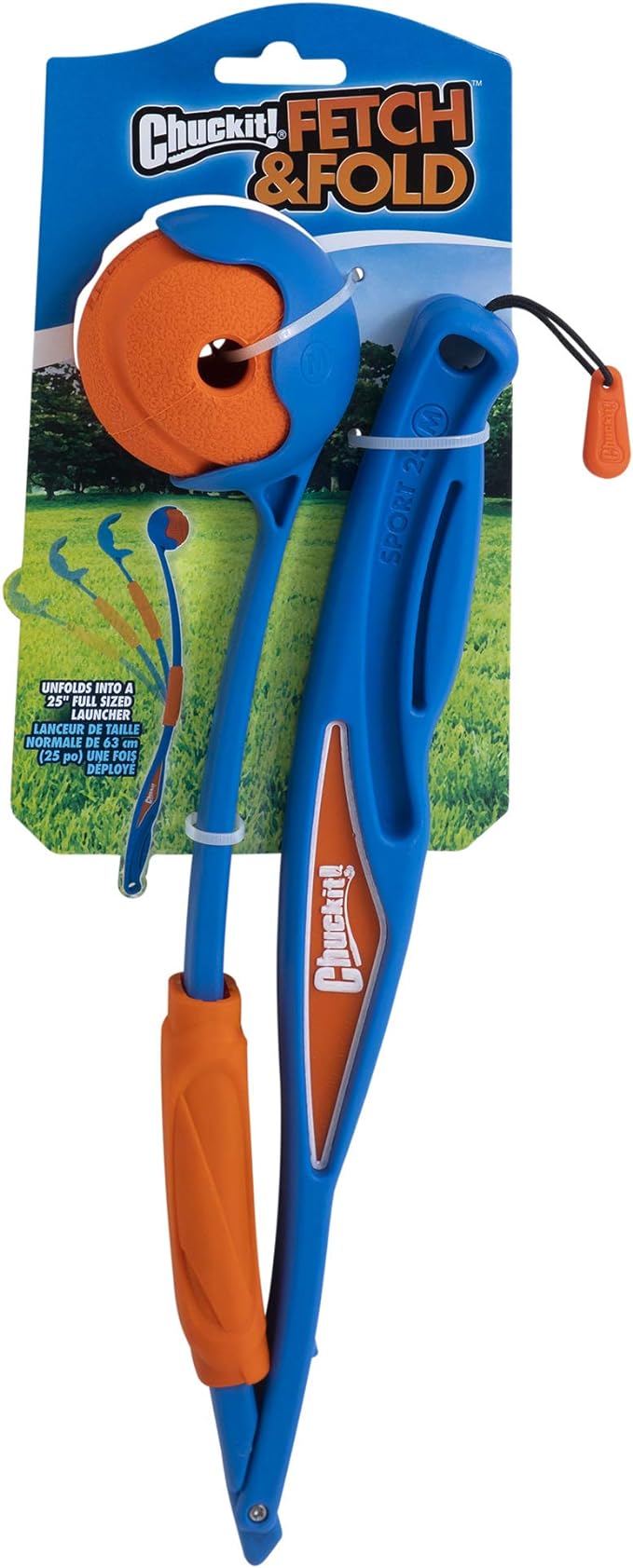 Chuckit! Fetch and Fold Mini 18M Launcher with Medium 2.5in Ball | Folding Locking-Slide Launcher with Bungee Tether for Easy Storage, Throws Farther for Dogs 20 to 60 lbs