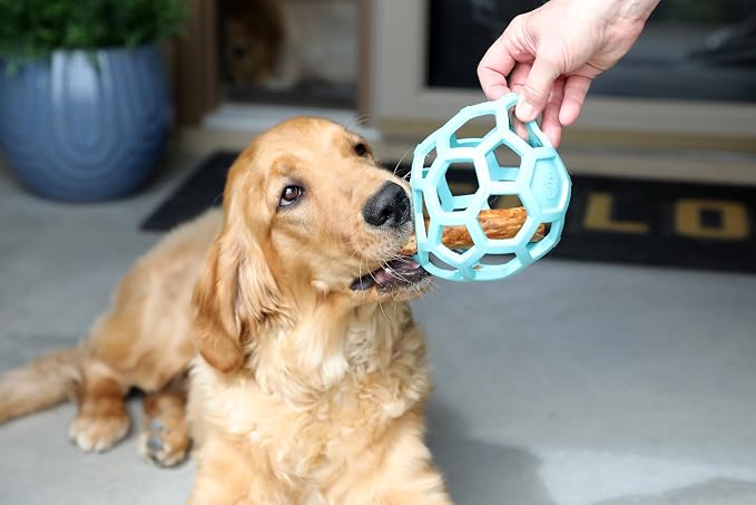 JW Pet HOL-ee Roller Dog Puzzle Ball, Large 5.5in, Natural Rubber, Blue | Puzzle Ball Design Dog Toy for Interactive Play and Chasing Fun