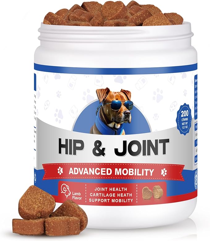 Hip & Joint Supplement Chews for Dogs – 200 Lamb Flavored Soft Chews with Glucosamine, MSM, Green Lipped Mussel, Turmeric, Collagen & Cod Liver Oil – Mobility Support for All Breeds & Ages