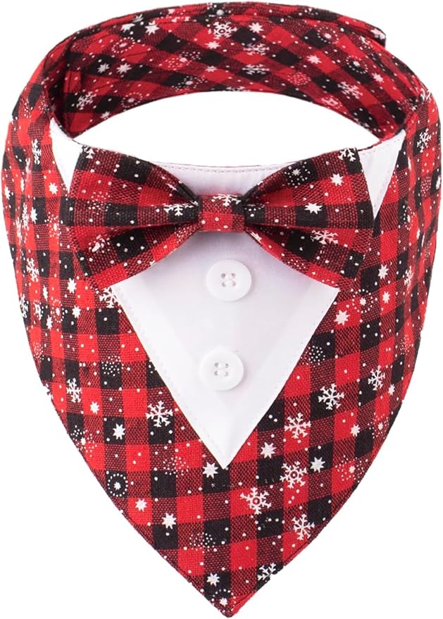 Adjustable Red Plaid Christmas Dog Tuxedo Bandana with Bow Tie, X-Small, XS, Red