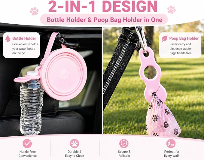 3-in-1 Travel Dog Bowl Set – 30 OZ Stainless Steel + 20 OZ Collapsible Water Bowl Lid | BPA-Free, Anti-Slip, Portable Dog Bowl w/Handle/Poop Bag Holder with Carabiner | Pink Bowls