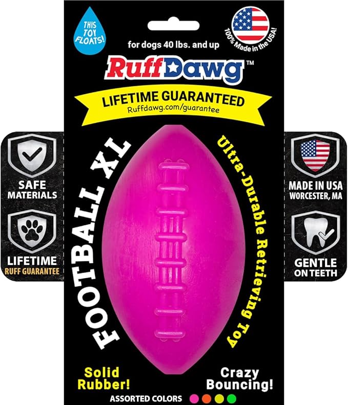 Ruff Dawg Indestructible Football XL 6” Pink – Heavy-Duty Solid Rubber Dog Fetch Toy for Dogs 40 lbs & Up – Floats & Crazy Bounce – Made in USA