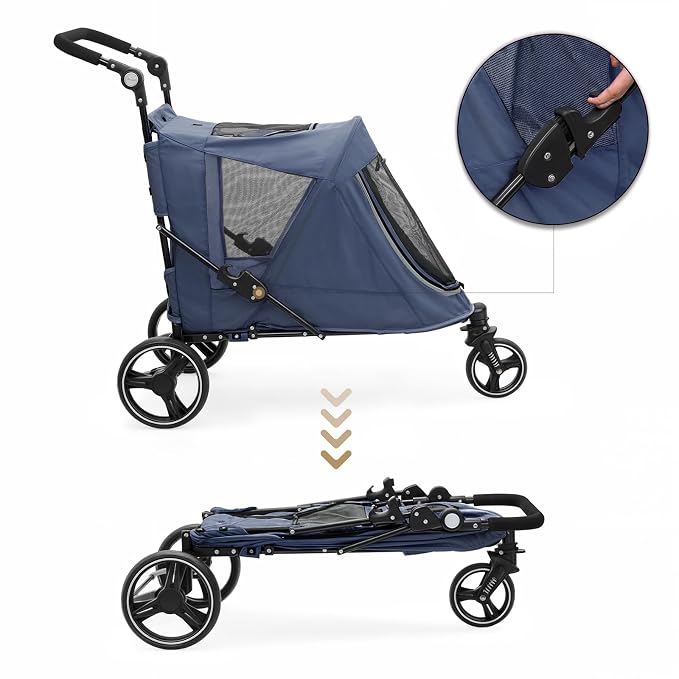 MoNiBloom Pet Stroller for Large Dogs or Dogs Cats up to 55 lbs, Navy Blue | with Adjustable Handle, 3-Wheels Dual Entry Portable Dog Carting Easy Folding Pet Wagon Double Multiple Dog Stroller