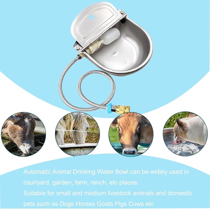Automatic Animal Water Bowl with Float Valve, 304 Stainless Steel Livestock Water Dispenser for Dog Horse Goat Pig Cow Livestock Water Bowl Kit Includes Bowl, Pipe, 2 Valves, Quick Connector Adapter