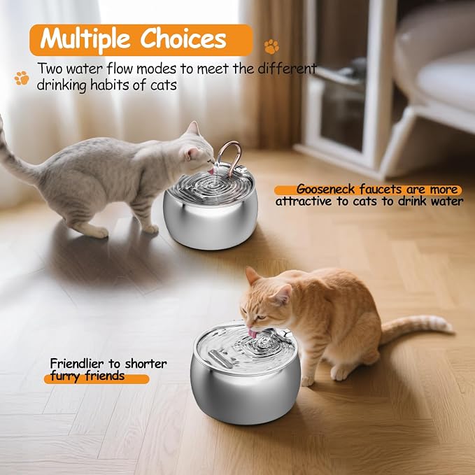 Cat Water Fountain Stainless Steel -2.5L/84oz Gooseneck Kitty Spout Cat Fountain for Drinking - Pet Water Fountain for Cats Inside with 6 Replacement Filters & 6 Pre-Filter Sponges - for Pets