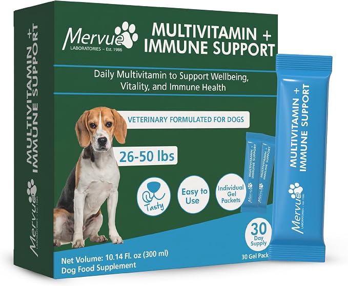 Mervue Multivitamin + Immune Support for Dogs (30 Day Supply) | Pre-Measured Medium Dog Vitamins in Gel Packets – Multivitamin for Dogs w/Beta-Glucans & Vitamin C for Energy & Healthy Coat