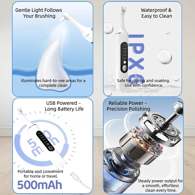 Dog Teeth Cleaning Tool, Electric Dog Toothbrush for Small Medium Large Dogs & Cats, 5 Speeds & 6 Heads Rechargeable Pet Dental Polisher with LED Light, Gentle Oral Hygiene Kit for Home Use (White)