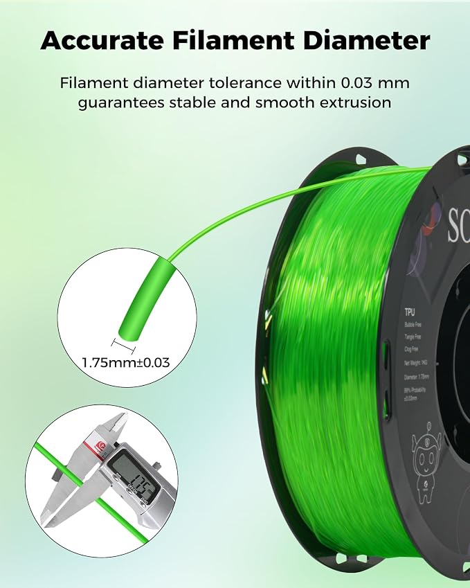 Sovol TPU Filament 1.75mm, 95A Soft TPU Flexible 3D Printer Filament with High Elasticity, 1kg (2.2lbs), Dimensional Accuracy +/- 0.03 mm, Fit Most FDM Printer, Clear Green