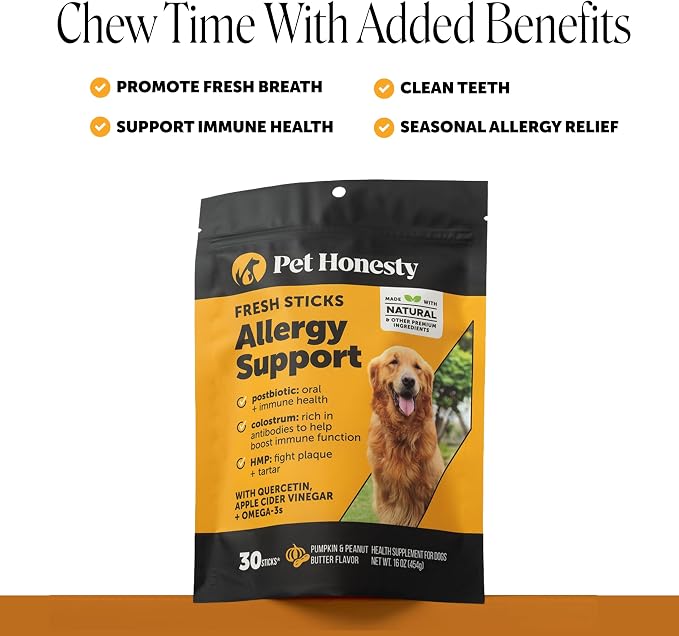 Pet Honesty Vet Backed Dog Dental Sticks for Allergy & Itch Relief, 30 Ct