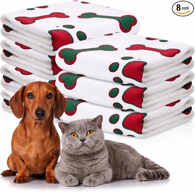 Chumia 8 Pcs Dog Towels for Drying Dogs Cats Pet Towels Bulk Puppy Microfiber Fast Drying Paw Bath Bathing Supplies Absorbent for Medium Pets(40 x 24 Inch,Dog Paw and Bone,Red Green)