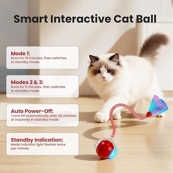 Rocfish Durable Interactive Cat Toys for Indoor Cats (red, 03) | Smart Automatic Cat Chase Ball Toy, Upgraded Speedy Tail Kitten Toy for Bored Indoor Adult Pets