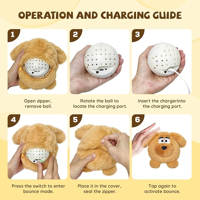 Moving Dog Ball, Jumping Squeaky Interactive Dog Toys, Plush Chew Toys for Small/Medium/Large Dogs, USB Rechargeable (Brown)