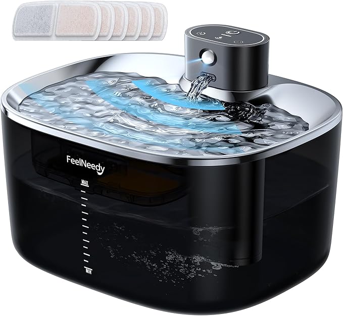 FEELNEEDY Wireless Cat Water Fountain, No Pump for Easy Cleaning, 4000mAh Detachable & Rechargeable Battery, Motion Sensor with Low Water & Power Alerts - Includes 6 Filters (4L/135oz)