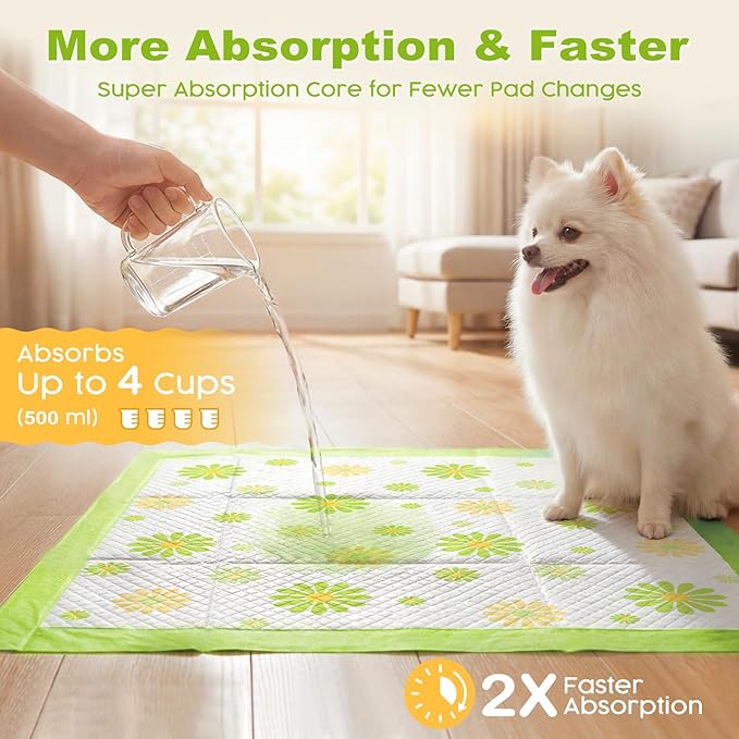 MIZOK Puppy Pads 22"x22", Dog Pee Pads 6-Layer Super Absorbent & Leak-Proof, Daisy Pattern, 4-Corner Adhesive Tabs, Wee Wee Pads for Puppies & Small Dog Breeds, Regular Size (30 Counts)