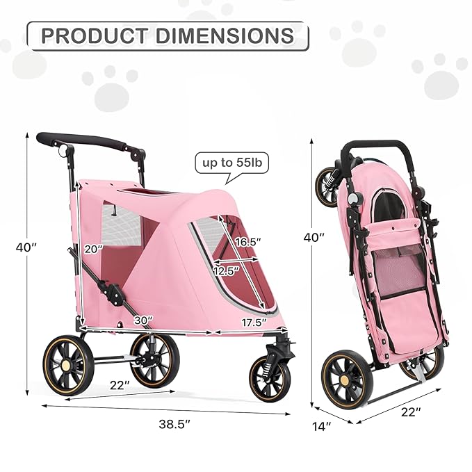 MoNiBloom 3-Wheel Pet Stroller for Large Dogs - Pink, up to 55lbs, Dual Entry
