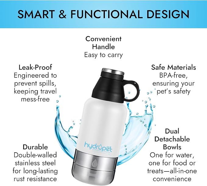 Hydropet Portable Dog Water Bottle (64 oz) - Insulated Dogs & Cats Travel Bottles, Stainless Steel - Detachable Dog Food Bowl and Water Bowl - Great for Daily Walks - Puppy Essentials & Accessories