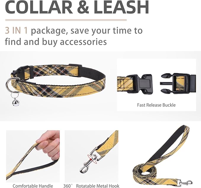 PUPTECK Adjustable Dog Harness Collar and Leash Set Step in No Pull Pet Harness for Small Medium Dogs Puppy and Cats Outdoor Walking Running, Soft Mesh Padded Reflective Vest Harnesses, Yellow, L