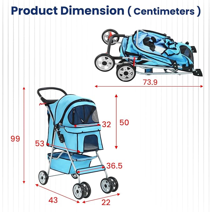 BestPet 4-Wheel Pet Stroller - Blue, Travel Folding Carrier 04T