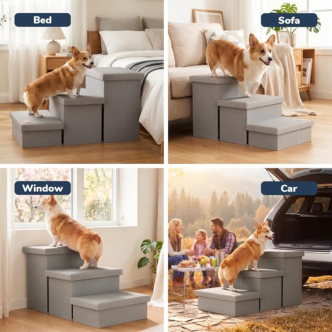 3-Step Wide Dog Stairs with Hidden Storage 18" H, Non-Slip Dog Steps for High Bed Couch Window Car, Jiont-Friendly Pet Stairs Ramp for Small/Medium/Large Old Dogs Cats Up to 220lbs, Grey