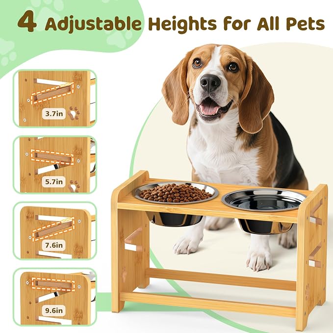 Elevated Dog Bowls, Adjustable Raised Dog Bowl Stand for Medium and Small Pet, 11" High Bamboo Pet Food Feeder with 2 Stainless Steel Dishes（4 Heights）