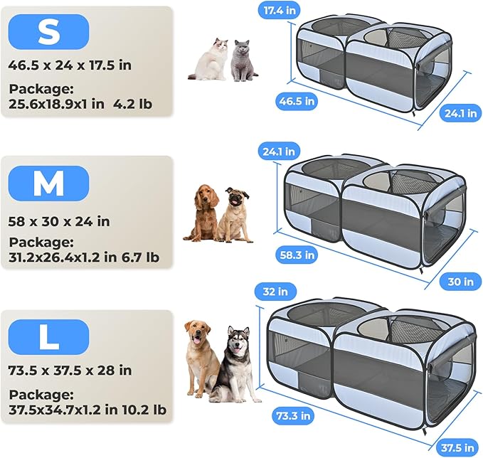 2-in-1 Dog Playpen, 73''Pop Up Cat Puppy Pet Playpen Indoor/Outdoor Cats Enclosed, Cat Dog Tent Crate Cage Kennel, Portable Playpen for Kitten, Small Animals Play Pen(No Divider, Unified Space)