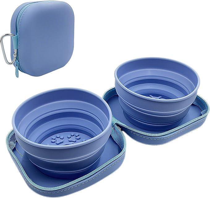 Portable Collapsible Dog Bowl, 2-in-1 with Carabiner Clip, Blue