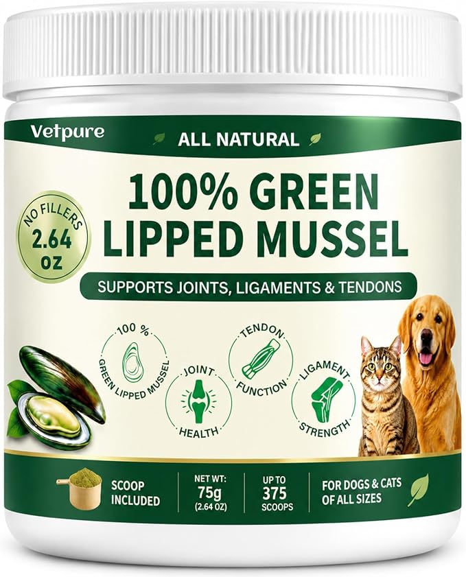 Pure Green Lipped Mussel Powder for Dogs & Cats – 100% Natural Hip & Joint Supplement Powder Supports Joints, Tendons, Ligaments & Muscles – 75 Grams – Up to 375 Servings