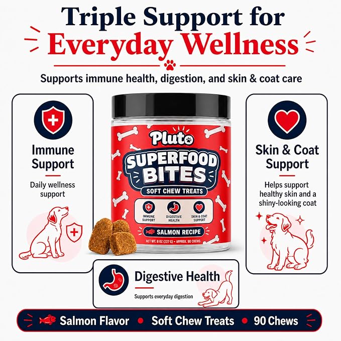 Pluto Superfood Softchew for Dogs, Immune Support Digestive Health Skin & COATSUPPORT Hip and Joint Supplement for Dogs Salmon Flavor 90 Chews (1 PCS)