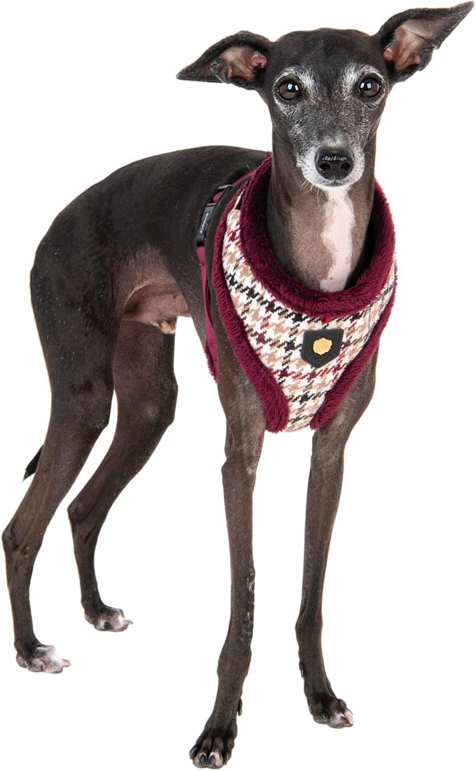 Puppia Kent Dog Harness Over-The-Head Warm Winter Houndstooth Pattern Adjustable Chest for Small and Medium Dog, Wine, Medium