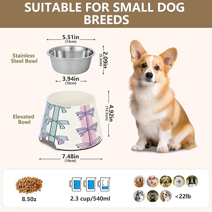 YETTASBIN Bow Elevated Dog Bowls, Prevention of Vertebrae Disease Raised Dog & Cat Bowl Stand with Removable Stainless Steel Bowls, Non-Slip Spill-Proof Pet Food & Water Bowl Dish