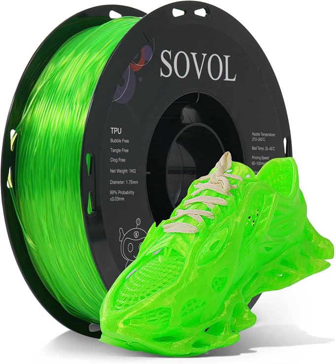 Sovol TPU Filament 1.75mm, 95A Soft TPU Flexible 3D Printer Filament with High Elasticity, 1kg (2.2lbs), Dimensional Accuracy +/- 0.03 mm, Fit Most FDM Printer, Clear Green