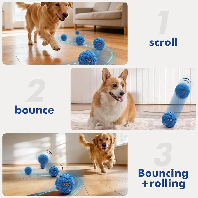 Wortade Smart Interactive Dog Ball, Automatic Moving Dog Ball Toy, Blue | 3 Play Mode,Waterproof,Bouncing & Rotating,Motion Activated Dog Toys,Rechargeable,Touch Activated,To keeping Dog Busy