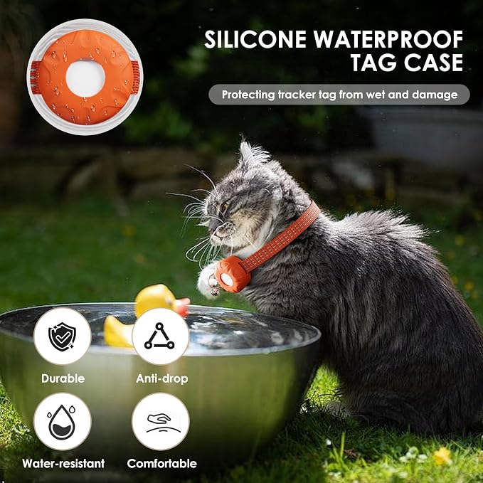 Cat Tracker, GPS Tracker Compatible with Apple Find My App(Only iOS), Waterproof Cat Tracker Collar with Bell and Safety Elastic Buckle, No Monthly Fee, Territory & Location History (Orange)