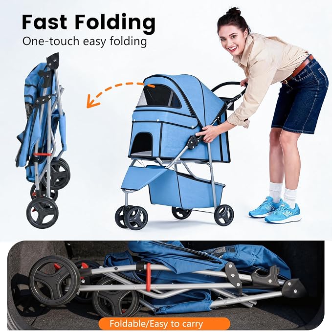 BestPet 3-Wheel Pet Stroller - Blue, Breathable Mesh