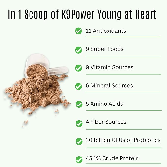 K9Power Young at Heart – Senior Dog Supplement for Longevity & Vitality – Supports Joints, Brain, Heart, Digestion, Skin & Energy – Amino Acids, Vitamins, Minerals, CoQ10, Omega 3s, Turmeric