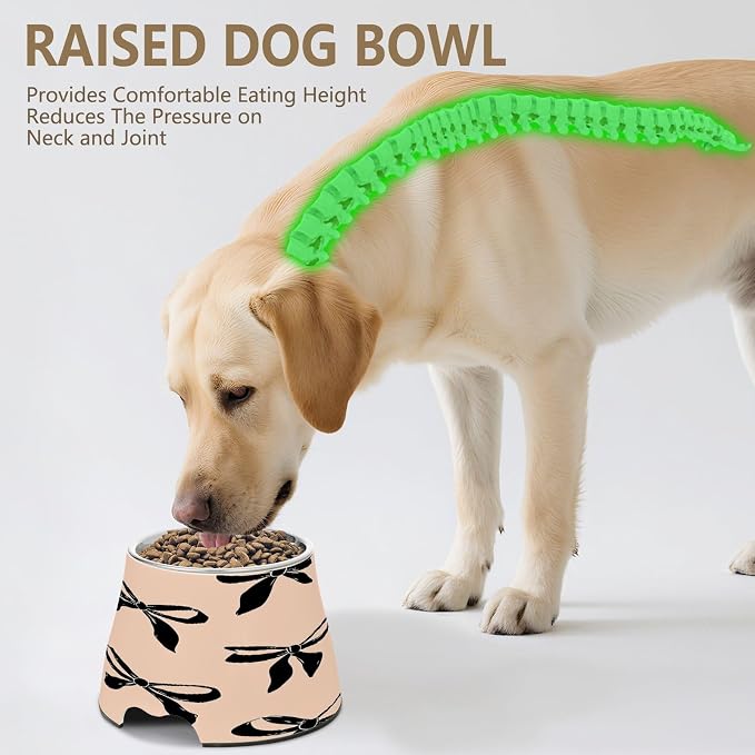 Blueangle Elevated Dog Bowls with Stainless Steel - Non-Slip 2.3 Cup High Capacity Pet Dish for Spinal Health & Black Bow Design（379）
