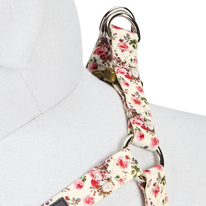 Blueberry Pet 9 Patterns Step-in Spring Scent Inspired Pink Rose Print Ivory Dog Harness, Chest Girth 16.5" - 21.5", Small, Adjustable Harnesses for Dogs