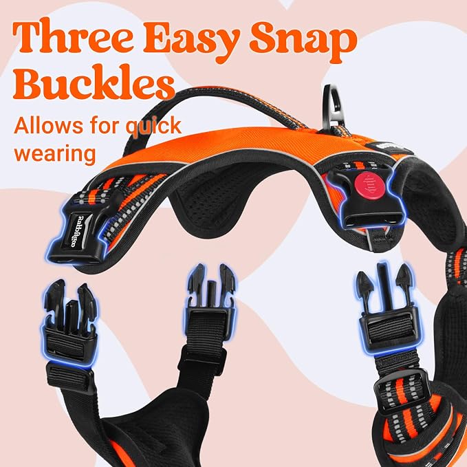 rabbitgoo Large Dog Harness, Easy Wear with 3 Buckles and Lift Handle | No Pull with Front Clip for Walking, Adjustable Soft Padded, Reflective, Easy Control, Orange, Medium