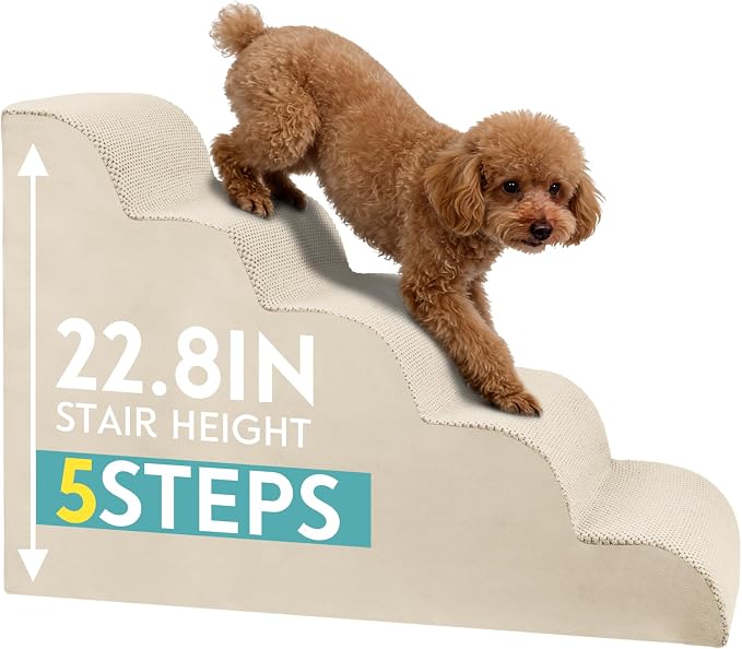 Dog Stairs for Small Dogs, Pet Stairs Steps Ramp for Puppy, Older Cat, Stairs with Whole High Density Foam, Corduroy Fabric, Non-Slip Bottom Dog Steps for Bed and Couch (Beige, 5-Step (H: 22.8IN))