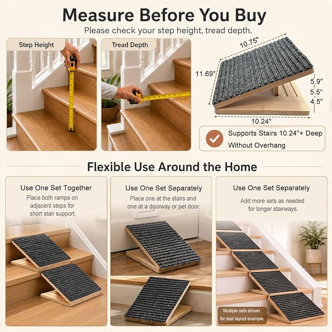 2 Pack Dog Ramp for Stairs - Solid Wood Adjustable & Foldable Pet Ramps, 3 Heights, Non-Slip Silicone Base & Traction Felt, 100lb Capacity, Indoor Stairs & Porch