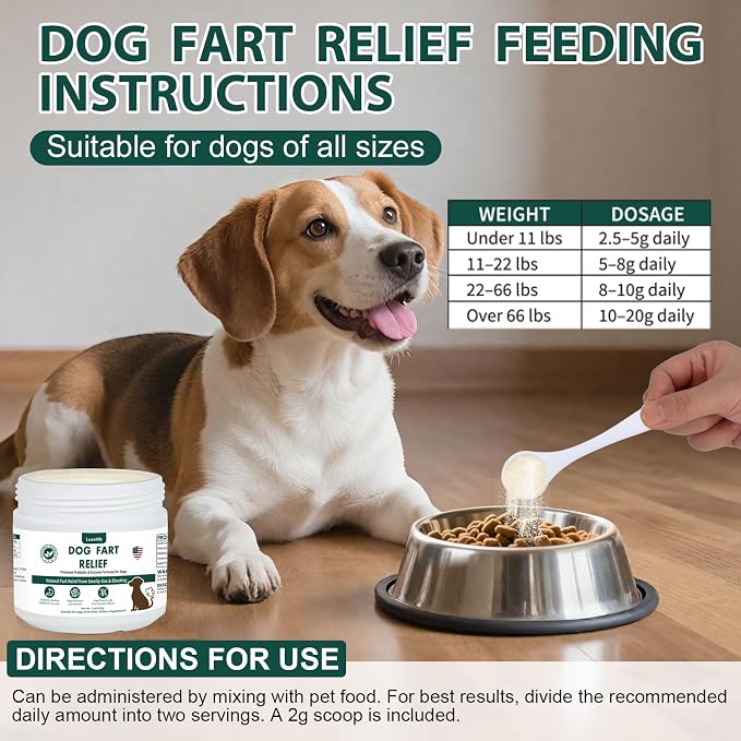 Dog Fart Remedy with 4B CFU Pediococcus Acidilactici Probiotics & Digestive Enzymes, Helps Reduce Smelly Gas & Bloating, Supports Dog Gut Health & Digestive Balance, Powder for Dogs – 5 oz