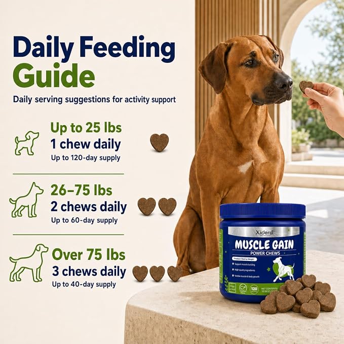 11-in-1 Muscle & Weight Support Chews for Dogs – High Protein Supplement with Amino Acids, BCAAs, Antioxidants & Vitamins – Muscle Support Soft Chews for Puppies & Adult Dogs, 120 Count