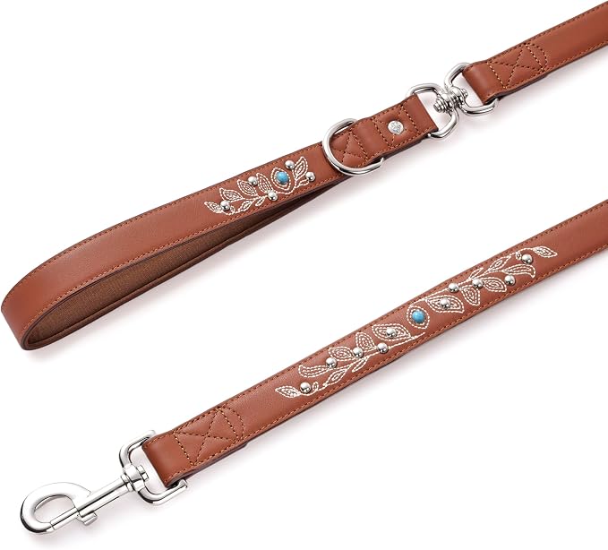 Blueberry Pet Western Cowboy Premium Brown Leather Dog Leash with Decorative Floral Design