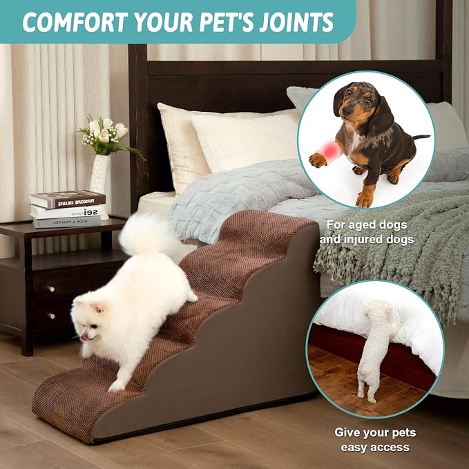 COZY KISS Wide Dog Stair for Small Dog 22.6" H, 5 Step Pet Ramp for Bed | Curved Stable Dog Step for Puppy, Older Cat, Senior, Medium, Short-Legged Dog, Non-Slip Ladder for Car, Brown
