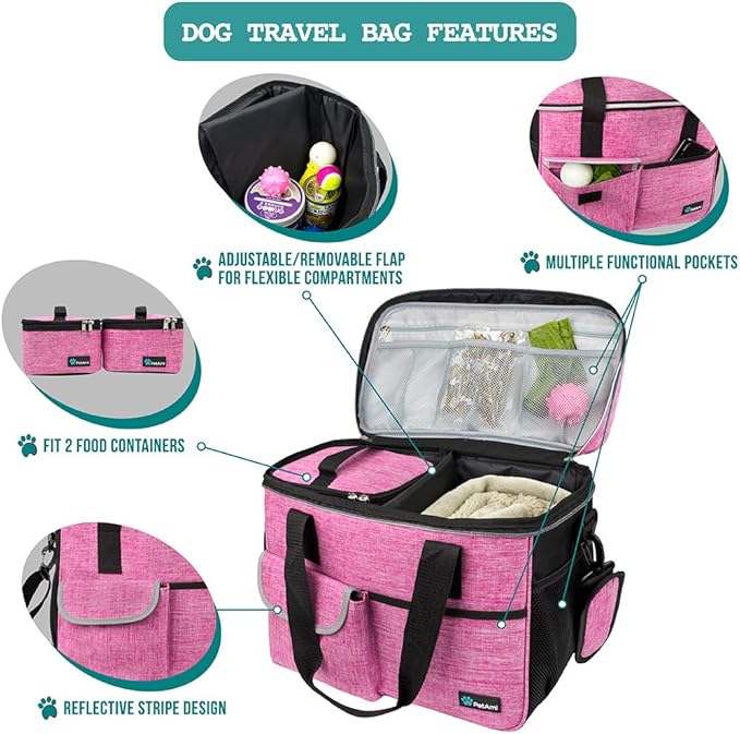 PetAmi Dog Travel Bag Organizer with Food Container & Bowls, Pink, Medium
