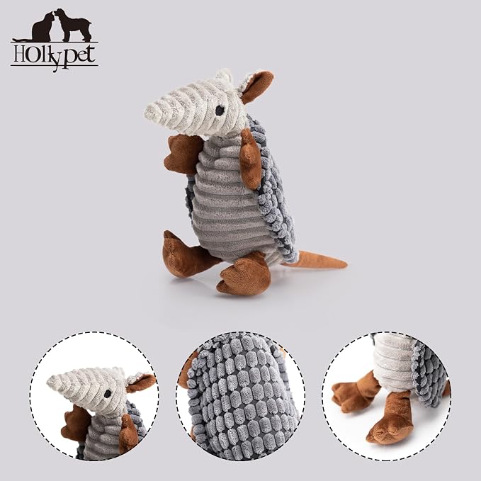 Hollypet Armadillo Squeaky Puppy Dog Toys for Small Medium Dogs, 8" | plush stuffed small dog squeak animal toy with unique grunt squeaker textured fabric for teeth cleaning toys