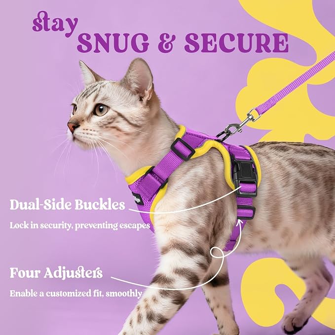 rabbitgoo Cat Harness and Leash Set, Escape Proof Vest, Purple & Yellow | Soft Breathable Mesh, Easy Adjustable Fit, Snap Buckles, Sturdy Clip, Reflective Strips, for Average Cats Walks, S