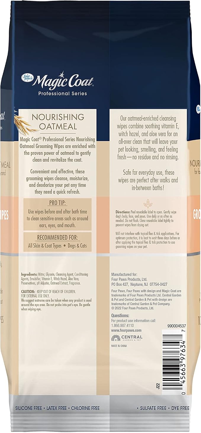 Four Paws Magic Coat Nourishing Oatmeal Grooming Wipes, Peach Scent, 100 Count