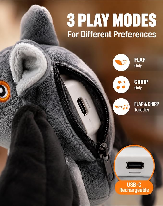 Wild Paws Flying Bat Dog Toy,Wild Whisker Flying Bat with Pet Hair Removal Glove, Rechargeable Motion Activated Dog & Cat Toy for Indoor Outdoor Play